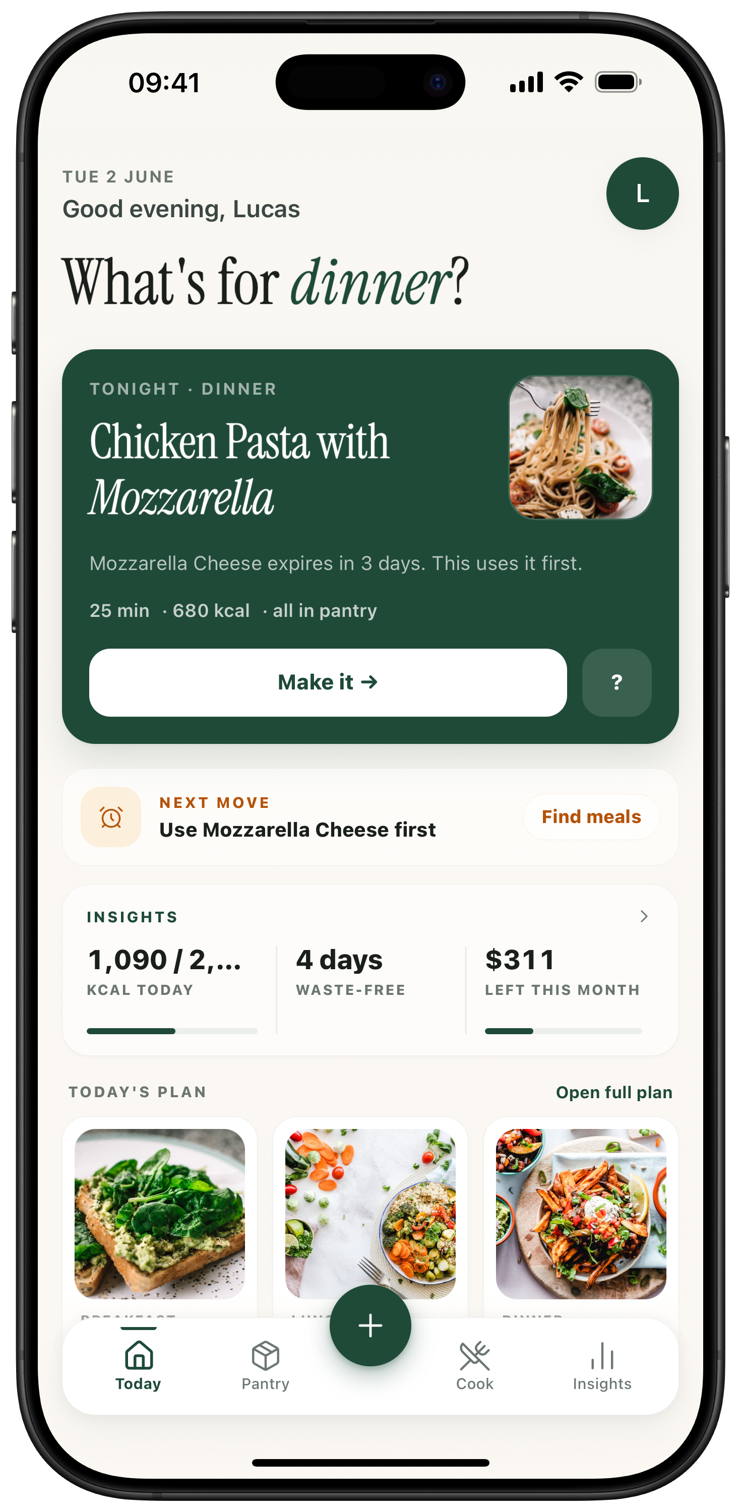 FoodMate home view showing a meal suggestion, next move, and insights